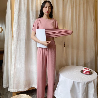 Lazy Suit nyári vékony viszkózszálas laza széles szárú nadrág 2 db szabadidős divat pizsama szett kényelmes otthoni viselet öltönyök nagy méretű