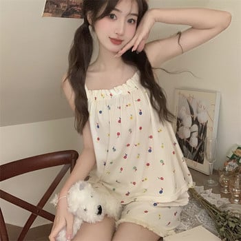 CAIYIER Sweet Rabbit Print Nightwear κοστούμι Σέξι αμάνικο μπλουζάκι + σορτς Πυτζάμες Καλοκαιρινό Σετ Kawaii Πιτζάμες Γυναικείο σχέδιο Ulzzang