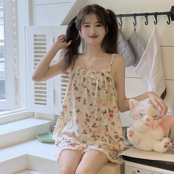 CAIYIER Sweet Rabbit Print Nightwear κοστούμι Σέξι αμάνικο μπλουζάκι + σορτς Πυτζάμες Καλοκαιρινό Σετ Kawaii Πιτζάμες Γυναικείο σχέδιο Ulzzang