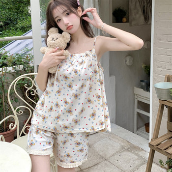 CAIYIER Sweet Rabbit Print Nightwear κοστούμι Σέξι αμάνικο μπλουζάκι + σορτς Πυτζάμες Καλοκαιρινό Σετ Kawaii Πιτζάμες Γυναικείο σχέδιο Ulzzang