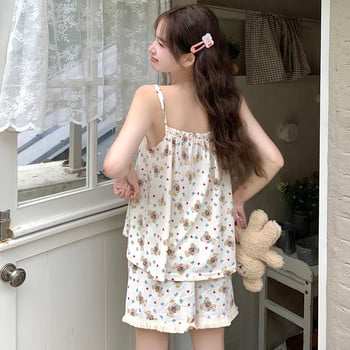 CAIYIER Sweet Rabbit Print Nightwear κοστούμι Σέξι αμάνικο μπλουζάκι + σορτς Πυτζάμες Καλοκαιρινό Σετ Kawaii Πιτζάμες Γυναικείο σχέδιο Ulzzang