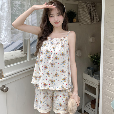 CAIYIER Sweet Rabbit Print Nightwear κοστούμι Σέξι αμάνικο μπλουζάκι + σορτς Πυτζάμες Καλοκαιρινό Σετ Kawaii Πιτζάμες Γυναικείο σχέδιο Ulzzang