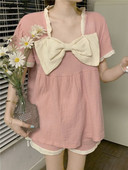 Σετ πιτζάμες για γυναίκες Φιόγκος Σχέδιο συνονθύλευμα Sweet Home Kawaii Sleepwear Night Soft Loose Κορεάτικο στυλ Μόδα Κορίτσια Basic Summer