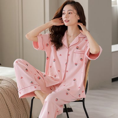 Hálóruha Rajzfilm virágmintás pamut pizsama női hosszú nadrág rövid ujjú nyári nappali ruházat divat otthoni ruházat otthoni ruha