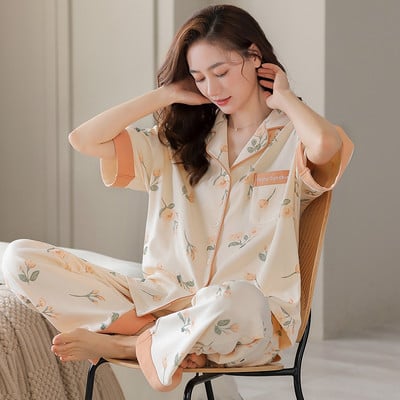 Hálóruha Rajzfilm virágmintás pamut pizsama női hosszú nadrág rövid ujjú nyári nappali ruházat divat otthoni ruházat otthoni ruha