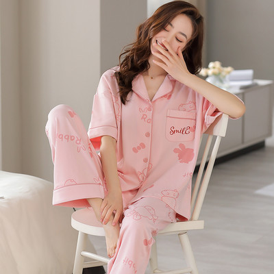 Hálóruha Rajzfilm virágmintás pamut pizsama női hosszú nadrág rövid ujjú nyári nappali ruházat divat otthoni ruházat otthoni ruha