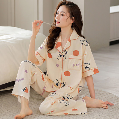 Hálóruha Rajzfilm virágmintás pamut pizsama női hosszú nadrág rövid ujjú nyári nappali ruházat divat otthoni ruházat otthoni ruha