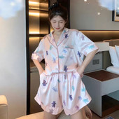 Pižamos Femme Satin Namų drabužiai Bear Print Room Wear Vasaros namų drabužiai 2 dalių rinkinys Pijamas Moteriška Kawaii Drabužiai