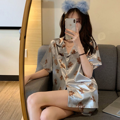 Pižamos Femme Satin Namų drabužiai Bear Print Room Wear Vasaros namų drabužiai 2 dalių rinkinys Pijamas Moteriška Kawaii Drabužiai