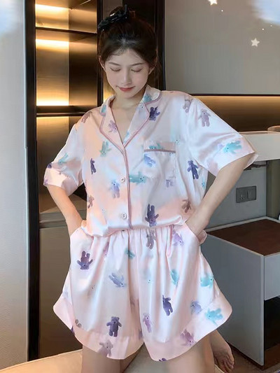 Pižamos Femme Satin Namų drabužiai Bear Print Room Wear Vasaros namų drabužiai 2 dalių rinkinys Pijamas Moteriška Kawaii Drabužiai