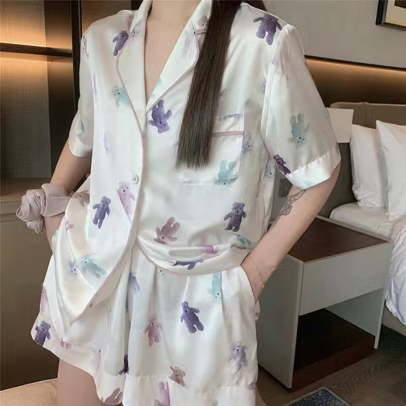 Pižamos Femme Satin Namų drabužiai Bear Print Room Wear Vasaros namų drabužiai 2 dalių rinkinys Pijamas Moteriška Kawaii Drabužiai