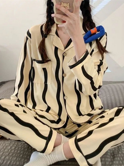 Pizsama szettek Női édes francia stílusú szabadidő hálóruha Nyomtatott Vintage laza tavaszi hosszú ujjú divat 2 db Home Lounge Chic