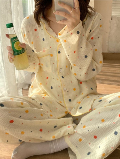 Pizsama szettek Női édes francia stílusú szabadidő hálóruha Nyomtatott Vintage laza tavaszi hosszú ujjú divat 2 db Home Lounge Chic