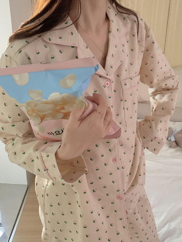 Pizsama szettek Női édes francia stílusú szabadidő hálóruha Nyomtatott Vintage laza tavaszi hosszú ujjú divat 2 db Home Lounge Chic