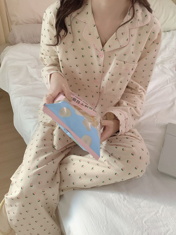 Pizsama szettek Női édes francia stílusú szabadidő hálóruha Nyomtatott Vintage laza tavaszi hosszú ujjú divat 2 db Home Lounge Chic