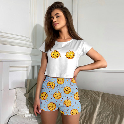 Γυναικείες 2τμχ Βαμβακερά Πυτζάμες Μόδα Σέξι Λουλουδάτο κοντό μανίκι Βελούδινο σορτς Πιτζάμες Γυναικεία Πυτζάμες Γυναικεία Σετ Πιτζάμες