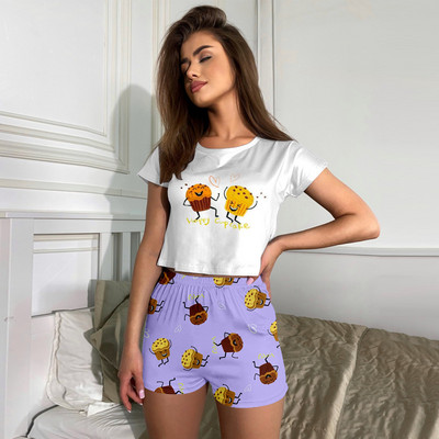 Γυναικείες 2τμχ Βαμβακερά Πυτζάμες Μόδα Σέξι Λουλουδάτο κοντό μανίκι Βελούδινο σορτς Πιτζάμες Γυναικεία Πυτζάμες Γυναικεία Σετ Πιτζάμες