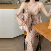 Pizsama szettek Női Elegáns alkalmi szexi, légáteresztő Ins nyári hálóruha koreai stílusú ujjatlan dögös lányoknak puha retro virágos vintage