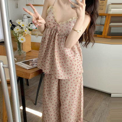 Pizsama szettek Női Elegáns alkalmi szexi, légáteresztő Ins nyári hálóruha koreai stílusú ujjatlan dögös lányoknak puha retro virágos vintage