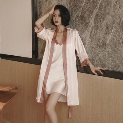 V-nyakú szexi 2 DB köntös öltöny nőknek Ice Silk Otthoni viselet Alkalmi fürdőruha Nyári intim hálóruha Őszi nappali éjszakai ruha