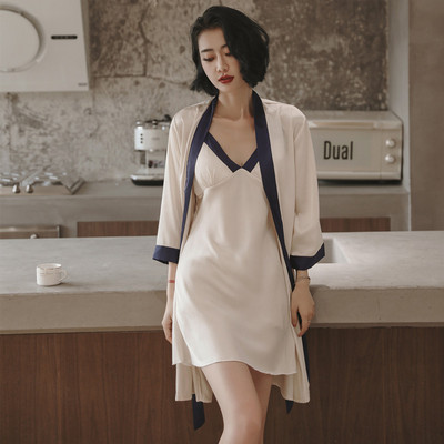 V-nyakú szexi 2 DB köntös öltöny nőknek Ice Silk Otthoni viselet Alkalmi fürdőruha Nyári intim hálóruha Őszi nappali éjszakai ruha