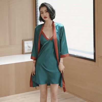 V-nyakú szexi 2 DB köntös öltöny nőknek Ice Silk Otthoni viselet Alkalmi fürdőruha Nyári intim hálóruha Őszi nappali éjszakai ruha