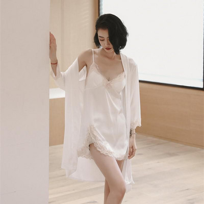 V-nyakú szexi 2 DB köntös öltöny nőknek Ice Silk Otthoni viselet Alkalmi fürdőruha Nyári intim hálóruha Őszi nappali éjszakai ruha