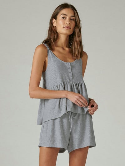 Linad kötött pizsama nőknek, 2 részes szettek Szürke O nyakú, ujjatlan hálóruha Női otthoni öltöny rövidnadrággal 2023 nyári alkalmi