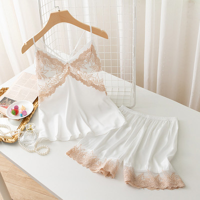 Női szatén hálóruha, kétrészes camisole alvó szett Csipke patchwork pántos pizsama rövidnadrággal nyári otthoni ruhák vékony hálóruha