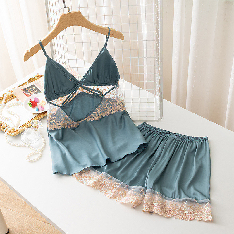 Női szatén hálóruha, kétrészes camisole alvó szett Csipke patchwork pántos pizsama rövidnadrággal nyári otthoni ruhák vékony hálóruha