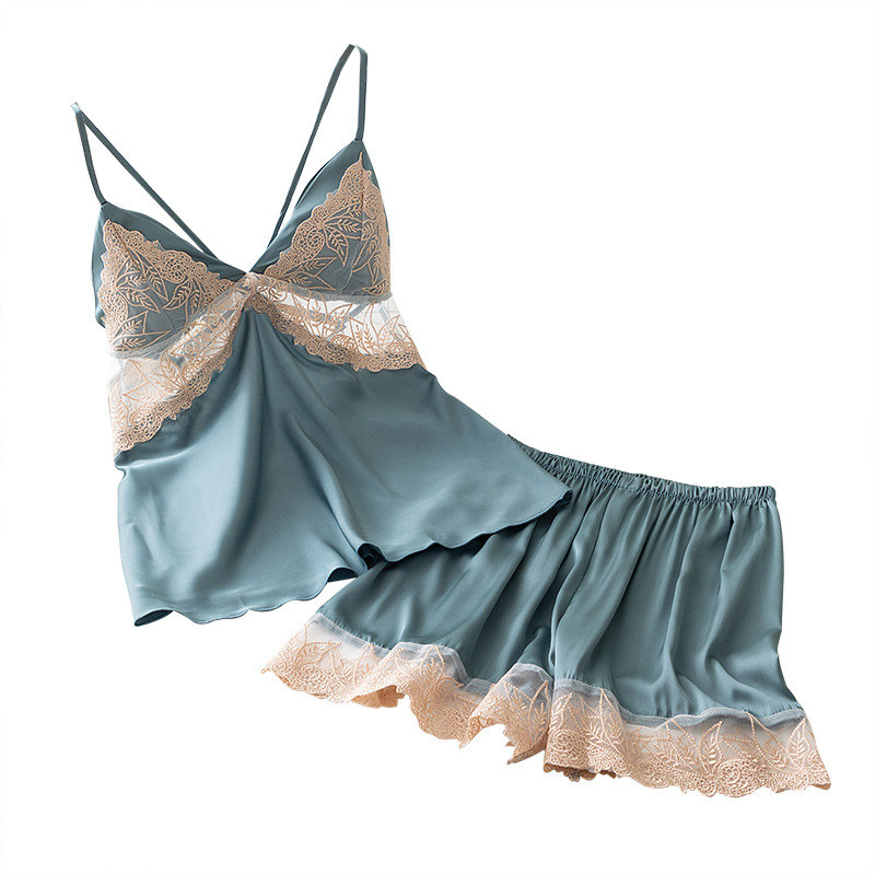 Női szatén hálóruha, kétrészes camisole alvó szett Csipke patchwork pántos pizsama rövidnadrággal nyári otthoni ruhák vékony hálóruha