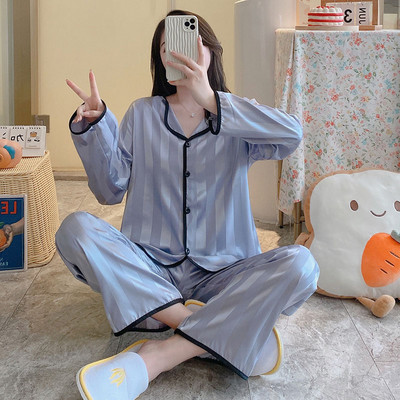 Seturi de pijamale pentru femei Pijama din satin de mătase artificială cu dungi Pijama pentru femei cu revere, cămașă cu mânecă lungă, pantaloni, costum de pijamă