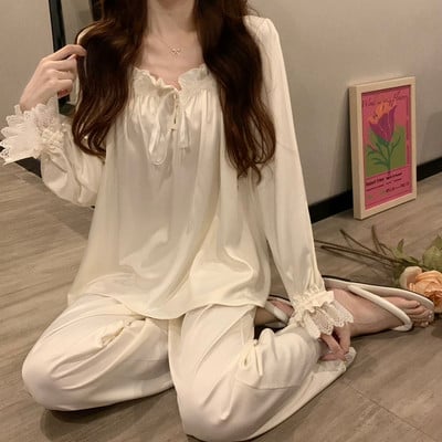 Női hercegnő pizsama szettek hosszú ujjú csipke elegáns négyzet gallér édes társalgó szexi pizsama őszi koreai kétrészes hálóruha