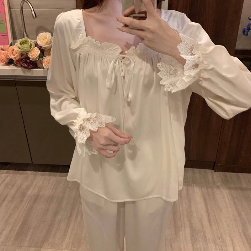Női hercegnő pizsama szettek hosszú ujjú csipke elegáns négyzet gallér édes társalgó szexi pizsama őszi koreai kétrészes hálóruha