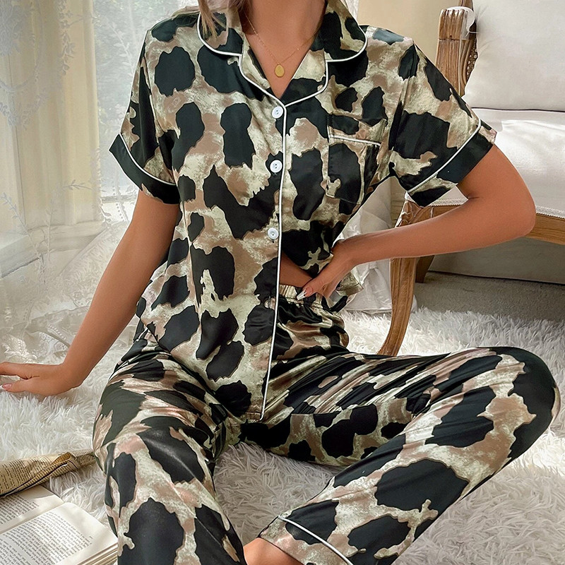 Naiste trükitud siidist satiinist pidžaamakomplekt Naiste kaheosalised öörõivad lühikeste varrukatega magamisriided, pehme nööbiga puhkeriiete Pjs komplekt