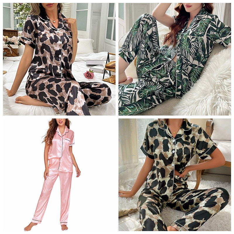 Naiste trükitud siidist satiinist pidžaamakomplekt Naiste kaheosalised öörõivad lühikeste varrukatega magamisriided, pehme nööbiga puhkeriiete Pjs komplekt