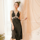 Szexi jeges selyem mély V-nyakú, hosszú szakaszon nyitott szabású ruha hát nélküli női nyári csipke pizsama hálóruha szett