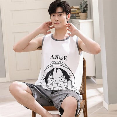 Vīriešu pidžamas vasaras bezpiedurkņu veste 2 pack naktsveļa jaunam zēnam INS karikatūra Hombre Pijama Mujer Anime mājas apģērbs
