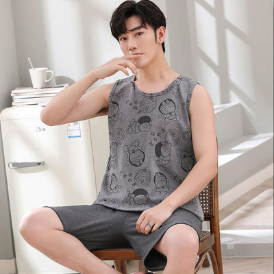 Vīriešu pidžamas vasaras bezpiedurkņu veste 2 pack naktsveļa jaunam zēnam INS karikatūra Hombre Pijama Mujer Anime mājas apģērbs