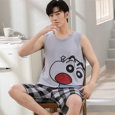 Vīriešu pidžamas vasaras bezpiedurkņu veste 2 pack naktsveļa jaunam zēnam INS karikatūra Hombre Pijama Mujer Anime mājas apģērbs