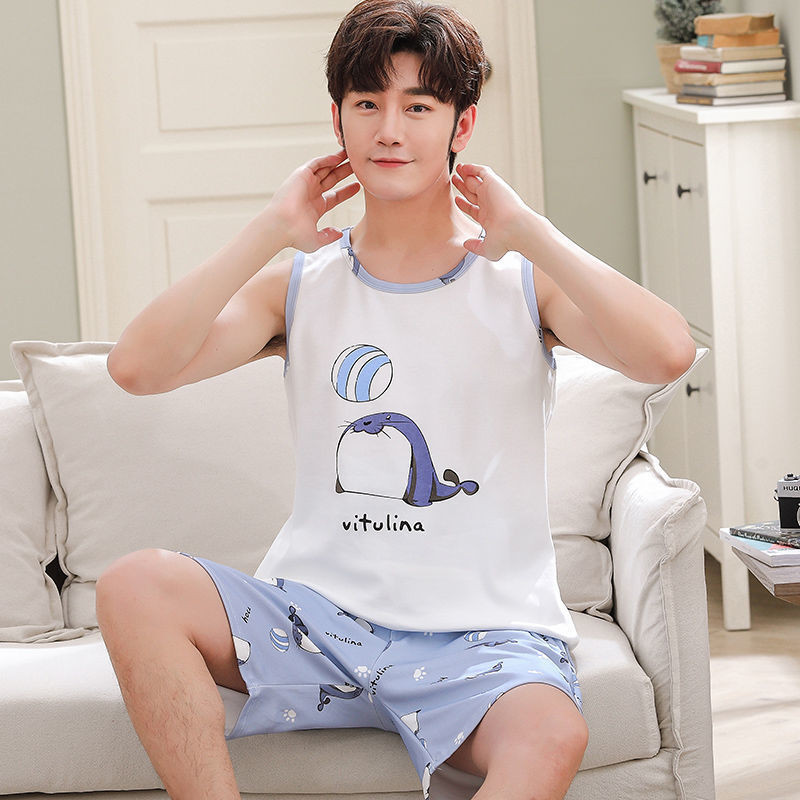 Vīriešu pidžamas vasaras bezpiedurkņu veste 2 pack naktsveļa jaunam zēnam INS karikatūra Hombre Pijama Mujer Anime mājas apģērbs