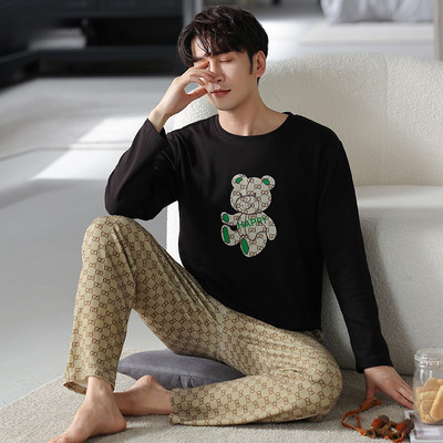 Rudens ziemas vīriešu pidžamu komplekts kokvilnas apdrukas guļamveļa nakts uzvalks ikdienišķs ar garām piedurknēm rūtainas bikses pidžamas lielizmēra mājas apģērbs 4XL