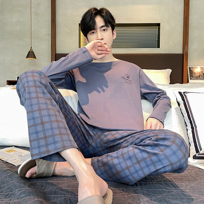 Rudens ziemas vīriešu pidžamu komplekts kokvilnas apdrukas guļamveļa nakts uzvalks ikdienišķs ar garām piedurknēm rūtainas bikses pidžamas lielizmēra mājas apģērbs 4XL