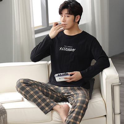 Rudens ziemas vīriešu pidžamu komplekts kokvilnas apdrukas guļamveļa nakts uzvalks ikdienišķs ar garām piedurknēm rūtainas bikses pidžamas lielizmēra mājas apģērbs 4XL