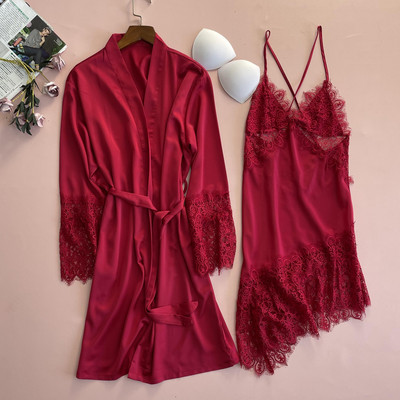 2PCS Комплекти от дантелени халати Секси халат за баня Издълбана нощница Кимоно Спален костюм Лятна дамска сатенена спална нощница Нощница