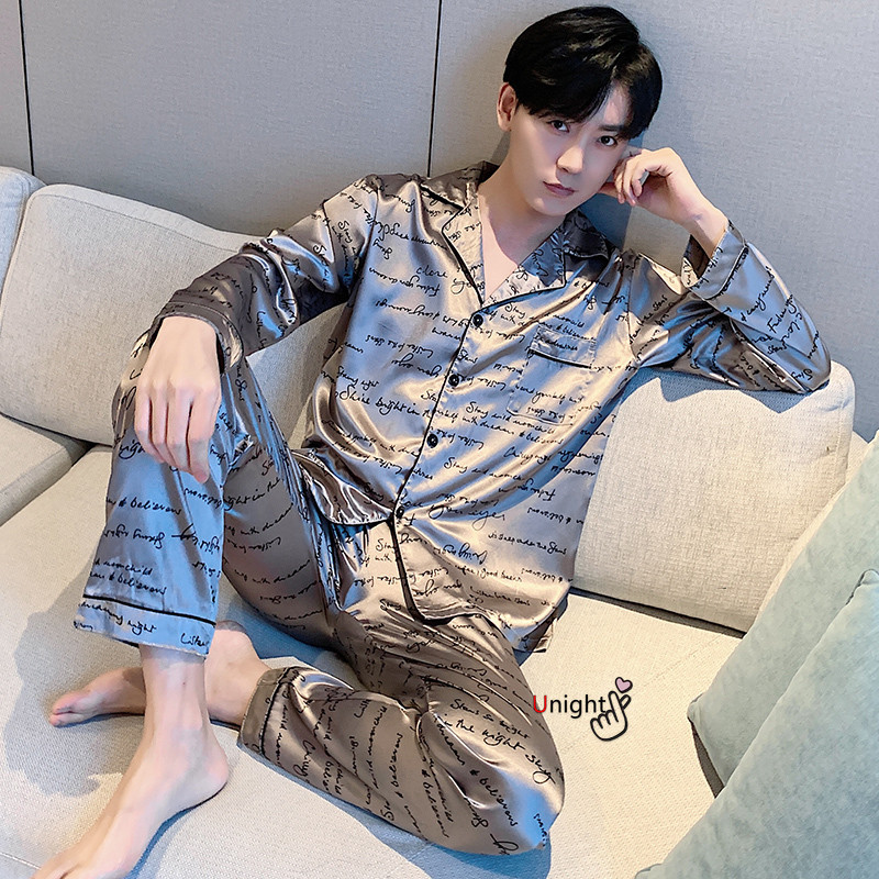 5XL zīda pidžama vīriešiem 2 daļīgu pidžamu vīriešiem bikškostīms, liela izmēra guļamveļa komplekts. Luksusa liela izmēra rudens atpūtas apģērba pidžama