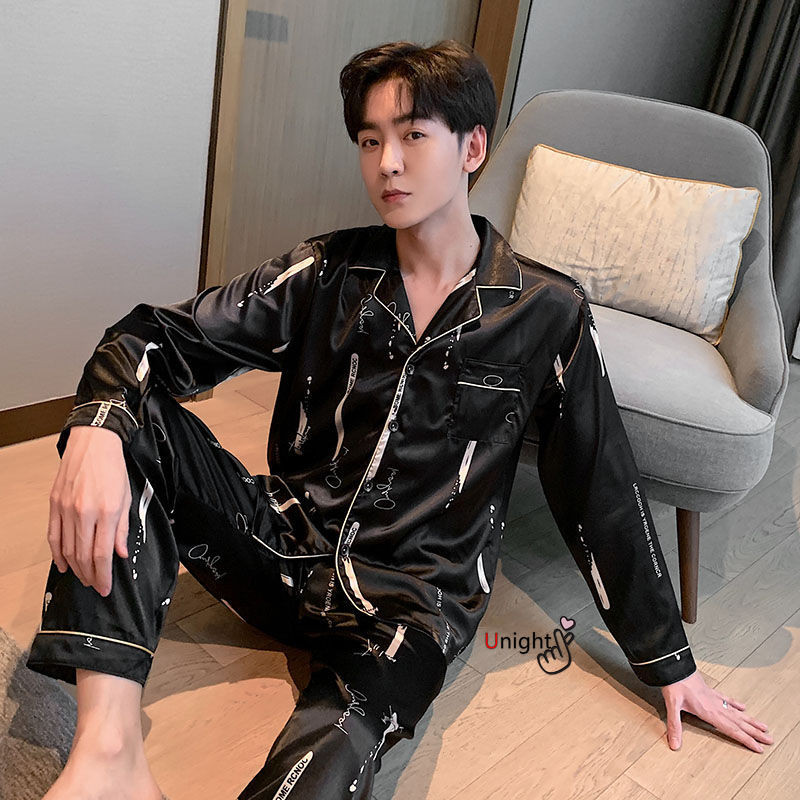 5XL zīda pidžama vīriešiem 2 daļīgu pidžamu vīriešiem bikškostīms, liela izmēra guļamveļa komplekts. Luksusa liela izmēra rudens atpūtas apģērba pidžama