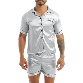 Модни мъжки комплект пижами от копринен сатен Едноцветни тениски с къси ръкави и копчета с еластичен колан Боксерки, спално облекло