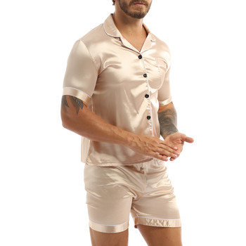 Модни мъжки комплект пижами от копринен сатен Едноцветни тениски с къси ръкави и копчета с еластичен колан Боксерки, спално облекло