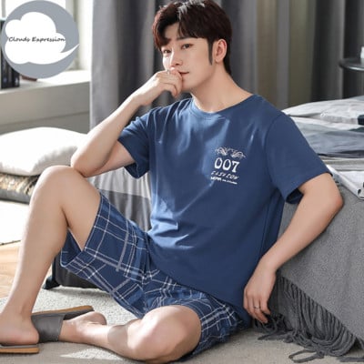 Nove ljetne pletene pamučne muške pidžame kratkih rukava Kompleti muških pidžama Pidžama sa slovima za muškarce Odijelo za spavanje Odjeća za dom Veličina XXXXL